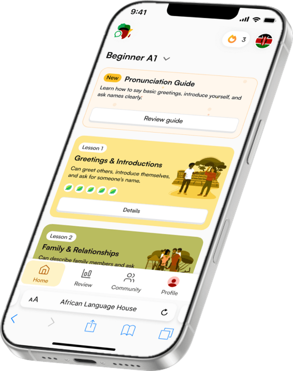 African Language House lessons on a phone screen